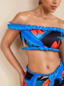 LUNA B 花卉印花荷叶边露肩短款上衣女式性感夏日度假海滩 - 彩色 - 查看 4