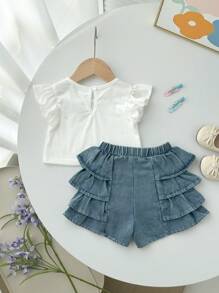 SHEIN Vintaside Kids 2pcs/Set Baby Girl Cute Cap Sleeve T-Shirt Top With Layered Ruffle Hem & Denim Shorts, Spring/Summer Outfit - White - View 2
