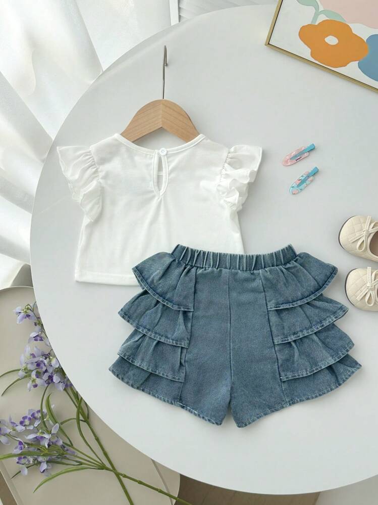 SHEIN Vintaside Kids 2pcs/Set Baby Girl Cute Cap Sleeve T-Shirt Top With Layered Ruffle Hem & Denim Shorts, Spring/Summer Outfit - White - View 2