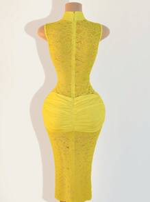 BamGleam Women's Sexy Extra Long Slit Cheongsam Collar Lace Dress - Yellow - View 2