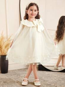 SHEIN Loose Casual Round Neck Sleeveless A-Line Dress With 3D Flower Decoration And Oversized Bow, Suitable For Weddings, Birthdays, Holidays, Parties In Apricot And Champagne Colors - Apricot - View 3