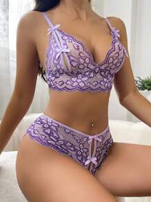 SHEIN 2pcs Women Sexy Lace Lingerie Set - Purple - View 5