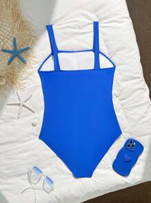 SHEIN Nuevo traje de baño de una pieza con corte hueco lateral en color liso para adolescentes a la moda - azul real - Ver 1