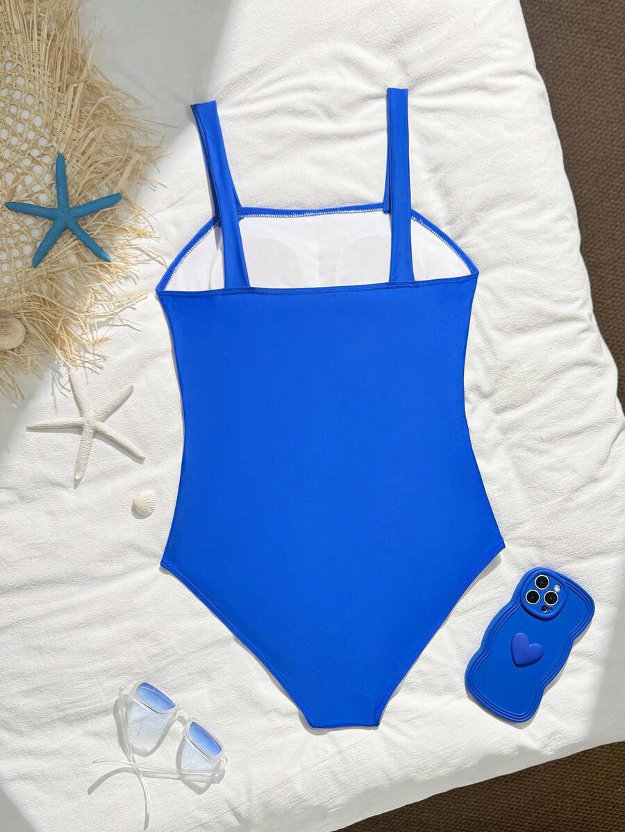 SHEIN Nuevo traje de baño de una pieza con corte hueco lateral en color liso para adolescentes a la moda - azul real - Ver 1