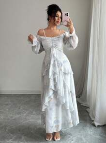 Elenzga Women's New Tie-Dye Ruffle Hem Summer Dress Fall Cloth For Women - Dusty Blue - View 6