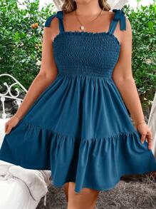 SHEIN Clasi Plus Size Solid Color Tie-Up Strap Dress, Fashion Suitable For Summer - Blue - View 4