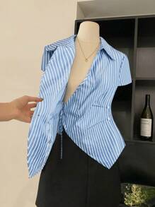 Chiquease Camicetta donna asimmetrica con vita stretta, a righe, con maniche lunghe e corte, camicia elegante con collo, adatta per la primavera/estate