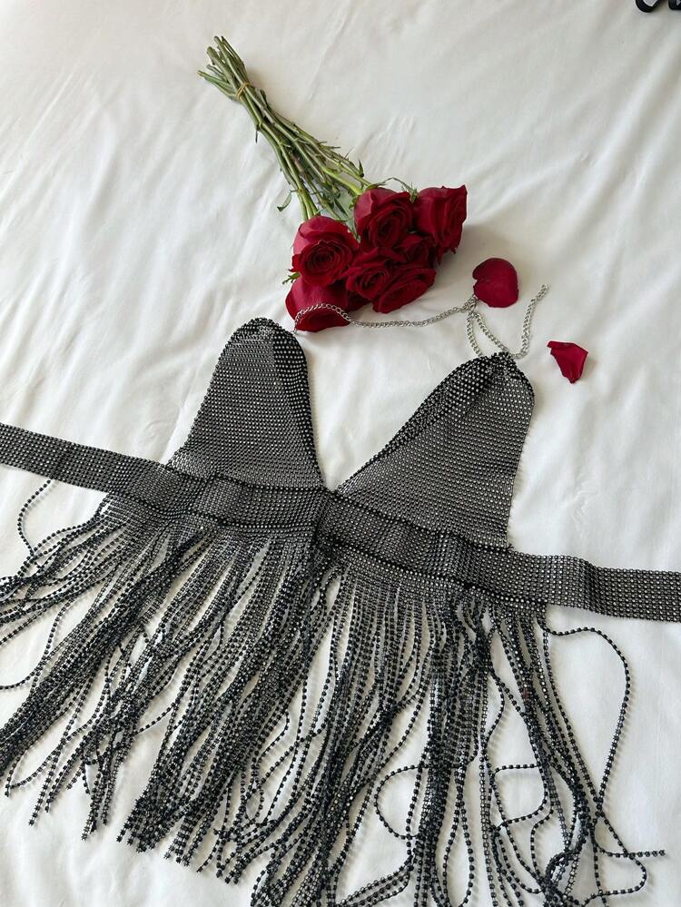 V-Neck Rhinestone & Tassel Spaghetti Strap Camisole, Sexy Women's Lingerie