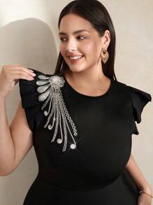 Chikora Curvy Plus Size Women's Romantic And Elegant Black Round Neck Cap Sleeve Waist Hip-Length Dress With Shiny Diamond Decoration On Shoulders,Business Casual Woman,Work Clothes Women,Old Money Style Women,Sparkly Dress Modest Dress,Going Out Dress,Office Outfits For Women - Black - View 9