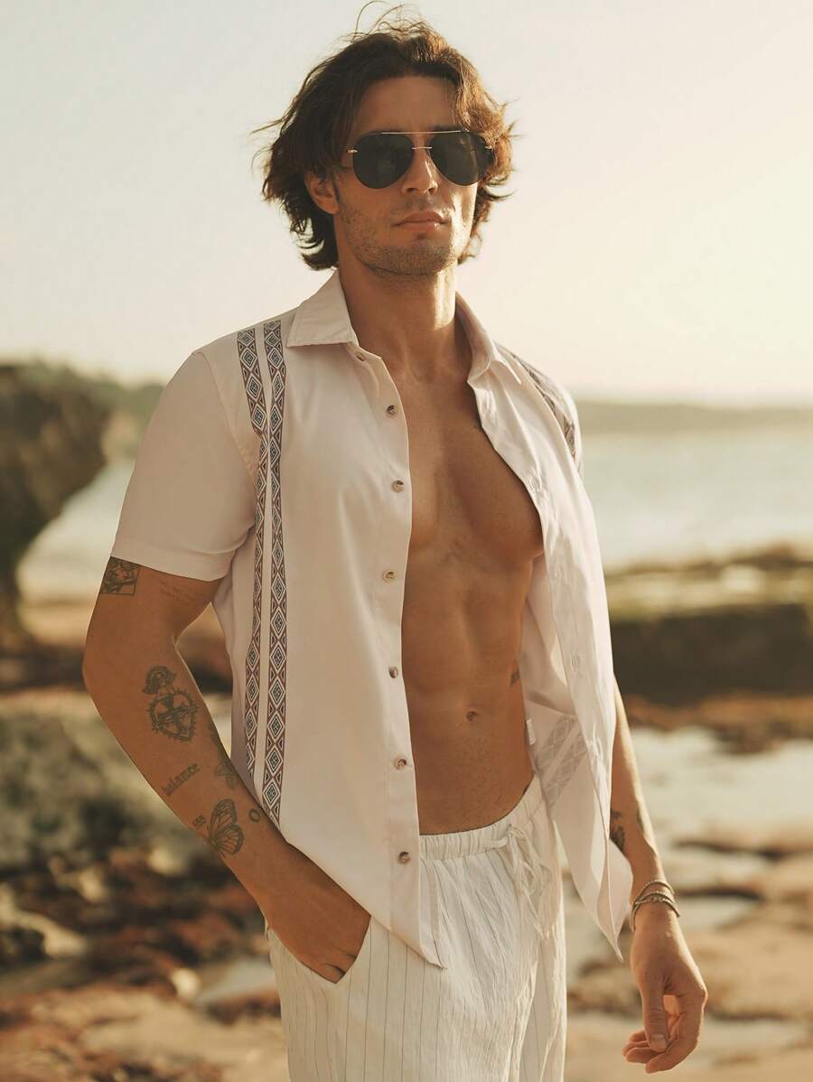 Manfinity VCAY Men's Geometric Printed Short Sleeve Button Down Shirt , Vacation Casual - White - View 1