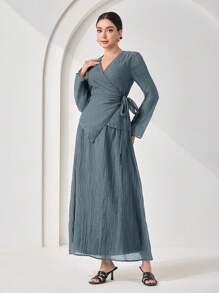 Veilorie 女士纯色裹身系腰长袖衬衫和裙子套装（2件套） - 藍色 - 查看 5