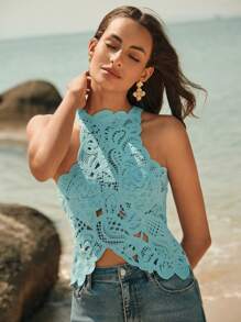 Anewsta Top tipo chaleco de punto y ganchillo con diseño floral de nuez de la india, hombros descubiertos y bajo asimétrico, elegante y sexy, para vacaciones, San Valentín, verano, playa, primavera, uso casual, vacaciones, festivales