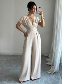 Rafferiza Women's Deep V-Neck Ruched Elegant Wide Leg Solid Color Jumpsuit - Apricot - View 4