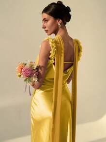 Aloruh Women's Extra Long Purple Mesh Patchwork Goddess Dress, Sexy Open Back For Wedding Party Bridesmaid Mesh Dress Summer Summer Outfits For Women Modest Backless/ Open Back Beach Outfits For Woman Beach - Yellow - View 2