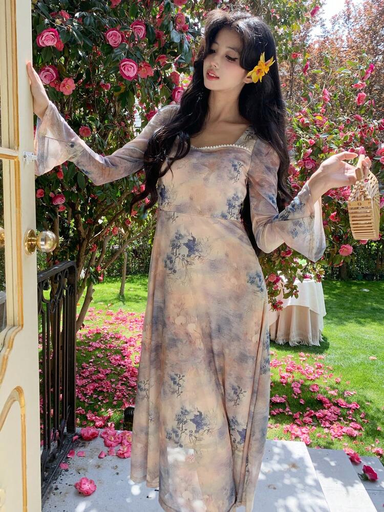 Summer New Elegant Ditsy Floral Mid-Length Dress For Women, Suitable For Music Festival Vacation Maxi Dress Boho