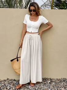 SHEIN Frenchy Quần nữ màu trơn, thời trang cho mùa hè - Màu be - Xem 6