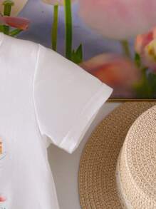 Baby Girls Cute Princess Knitted Round Neck Fairy Pattern Dress With Mesh Hem Ruffle Detail - White - View 6