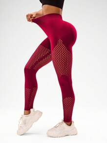 Gameset SHEIN Sport 女士纯色高腰网眼瑜伽裤 - 紅色 - 查看 4
