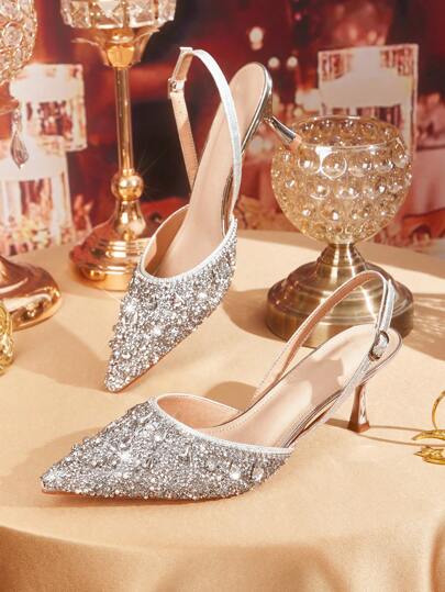 CUCCOO TILAWA Silver Glitter Pointed Toe High Heels Shoes, Rhinestone Embellished Sexy Party & Wedding Shoes, Women Thin High Heel Open Toe Pumps