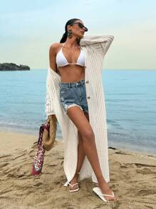 SHEIN Cubrecuerpo/chaqueta larga de mujer de unicolor con botones frontales y abertura calada