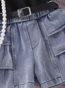 SHEIN Baby Girls' White Blouse + Denim Ruffle Hem Cake Shorts Set - Black - View 3