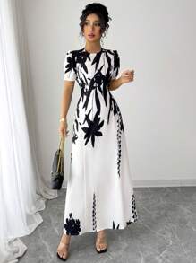 Elenzga 优雅印花圆领泡泡袖束腰连衣裙 - 白色 - 查看 4