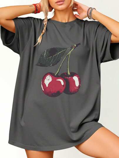 Plus Size Women Cherry Print Round Neck Loose T-Shirt For Summer