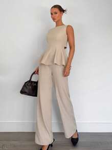 Siren Gaze 2 件套女士休闲纯色抽绳露背短款上衣和裤子套装，夏季