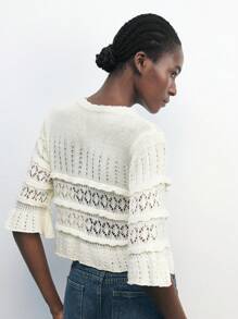 Maija Apricot Cropped Ruffle Sleeve Vacation Style Sweater For Women, Suitable For Music Festival, Autumn/Winter Beach White Top - Apricot - View 3