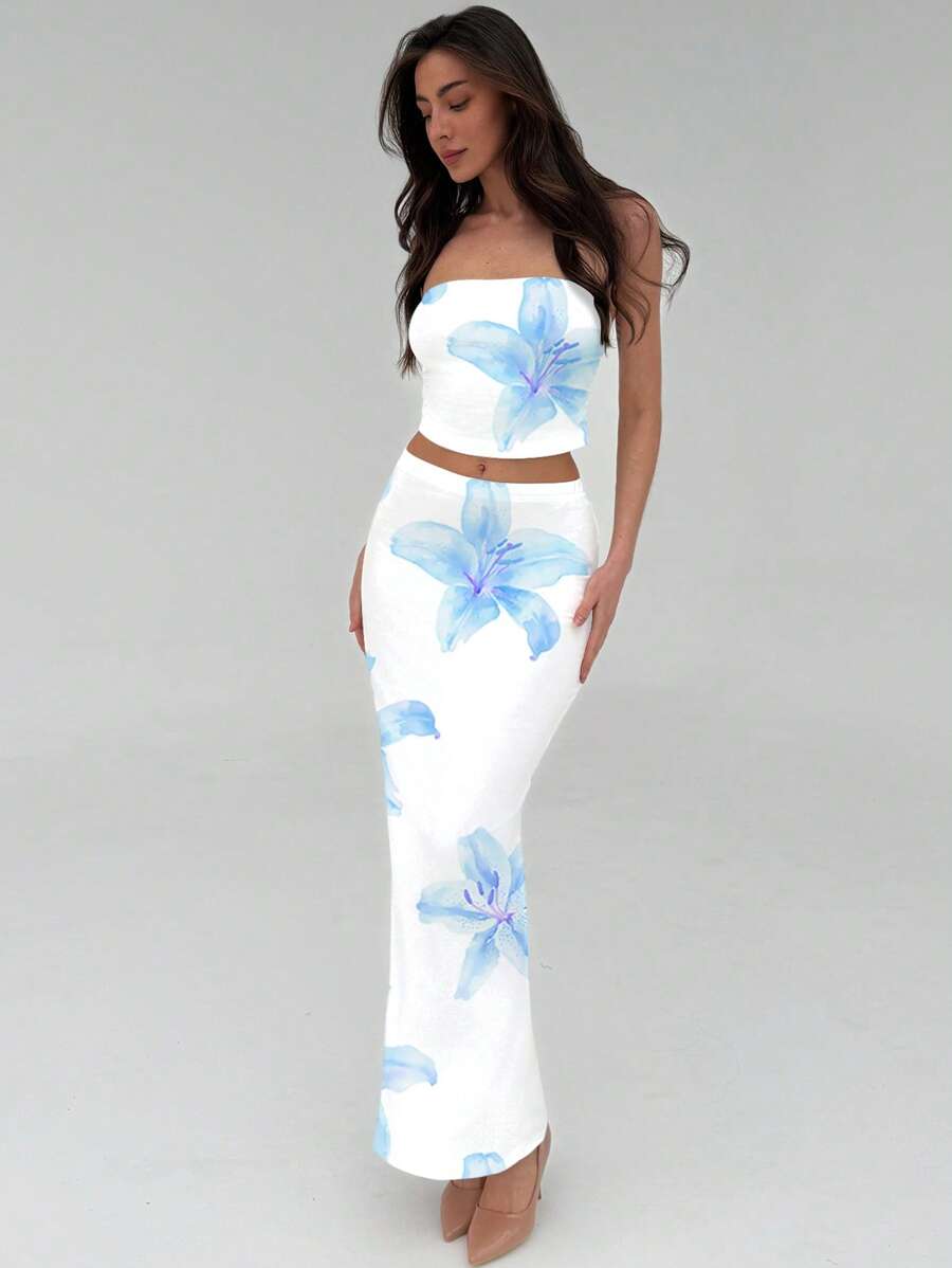 Aloruh 2pcs Spring Elegant Sexy Fitted Lily Print Crop Top And Skirt Set, Suitable For Spring Break/Beach Holiday/Valentine's Day Romantic Date/Fashionable Outings/Concert Revelry Suitable For Going Out - Multicolor - View 1