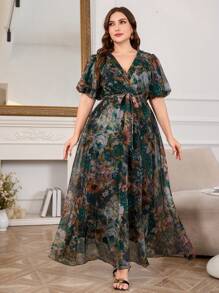 Modelyn New Luxury Elegant Oversized Floral Print Long V-Neck Short Sleeve Dress