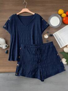 SHEIN LUNE Plus-Size Blue Two Pieces Crewneck Shirt + Shorts Two Pieces Suit Loose Casual Buttons Decorated Women's Set