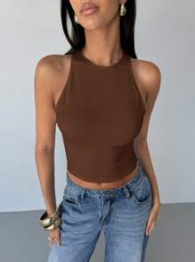 Aloruh 女士性感纯色露背交叉背心，夏季 - 棕色 - 查看 4