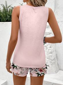 EMERY ROSE 2pcs Set Women Casual Retro Floral Print Sleeveless Round Neck Tank Top And Short Sleeve Top, Suitable For Summer Island Vacation Outfits
