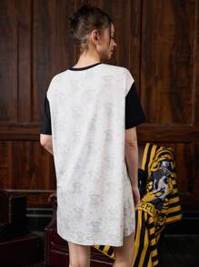 HARRY POTTER X SHEIN Women's Summer Comfortable Contrast Sleeves Neckline, College Badge & Letter Graphic Round Neck Short Sleeve Loose Nightdress