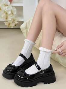 ROMWE Kawaii Zapatos Mary Jane de recubierto con moño lindo y suela gruesa, para estudiantes, otoño, Año Nuevo, Día de San Valentín - Negro - Ver 3