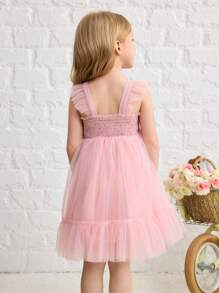 SHEIN Leap Crew Young Girl Cute Cap Sleeve Ruffle Trimmed Mesh Overlay Dress - Pink - View 2