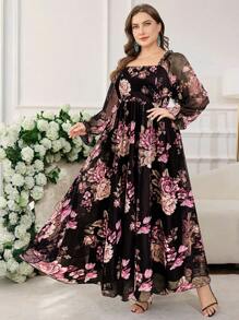 Modelyn 大码女式时尚浪漫高领网眼花卉印花灯笼袖连衣裙