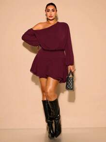 SHEIN BAE 大码女式休闲不对称领口灯笼袖荷叶边下摆短裙、早午餐装、秋季连衣裙、茶会连衣裙、狂欢节/狂欢节装、情人节、复活节、情人节/情人节礼物、合身、素色连衣裙、女式基本款连衣裙、西式女装、夏装、紧身连衣裙、复活节、春装 - 酒紅色 - 查看 4