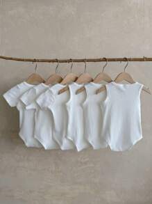 SHEIN Vintaside Kids Baby Boy Summer Sleeveless Tank Bodysuit And Short-Sleeved Bodysuit Six Sets,Suitable For To Play, Sports, Home Leisure, Toddler, Party And Other Occasions - White - View 2