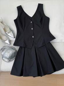 Calvaya 2 件大码女式优雅牛津布黑色前开式背心裙和短裤套装