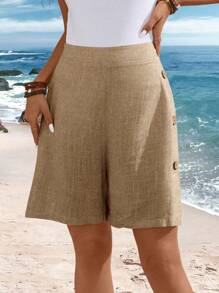 EMERY ROSE Plus Size Button Decor Minimalist Casual Shorts, Suitable For Commuting & Everyday Wear Spring Vacation Linen - Camel - View 3