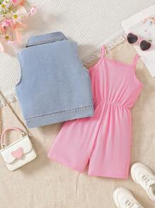 2pcs/Set Young Girl Stylish Sleeveless Heart Pattern Vest + Ribbed Knit Bib Jumpsuit Outfit, Summer - Pink - View 2