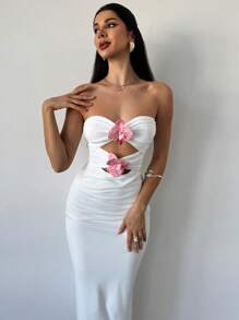 Firerie Váy cưới thanh lịch, váy xòe xẻ phía trước màu trắng, trang trí hoa 3D cho mùa cưới/kỳ nghỉ/trở lại trường - trắng - Xem 8