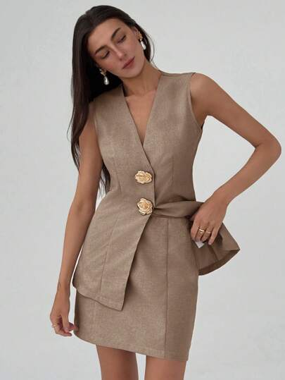 Aloruh 新款简约无袖背心衬衫和 A 字裙两件套西装，适合通勤