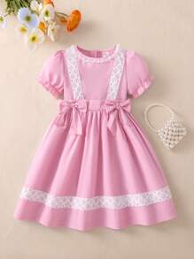 Souflis Souflis Vestido de Princesa com Manga Bufante para Menina Jovem, com Colarinho de Renda Floral, Detalhe em Laço e Bainha com Barra de Renda, Adequado para Eventos