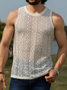 Manfinity Homme Men's Hollow Flower Textured Fabric Tank Top - Khaki - View 3