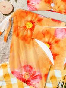 SHEIN Leap Crew Conjunto de biquini de estilo minimalista con top tipo camiseta y braguitas con estampado de plantas tropicales y flores naranjas de la colección "Coconutgirl", para chicas adolescentes en verano - Multicolor - Ver 4