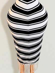 BamGleam Women's Sleeveless Contrast Color Stripe Fringe Hem Slim Dress
