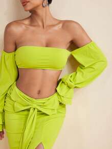 LUNA B Solid Color Strapless Long Sleeves Bandeau Crop Top For Women Outfit Summer Vacation Holiday